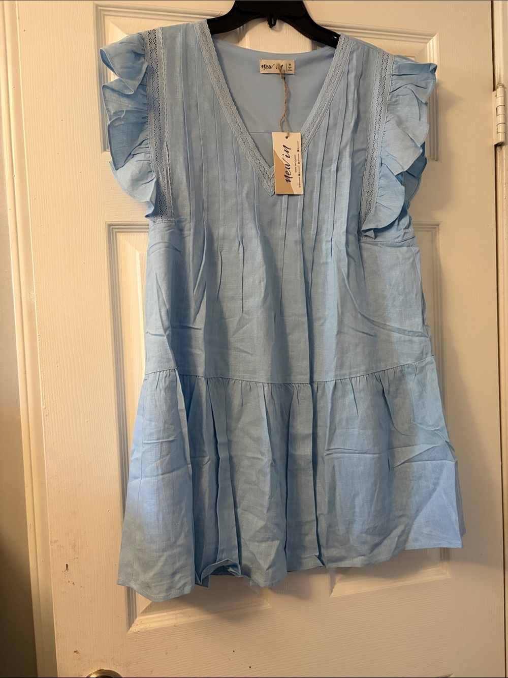Light Blue Ruffle Sleeve V-Neck Dress